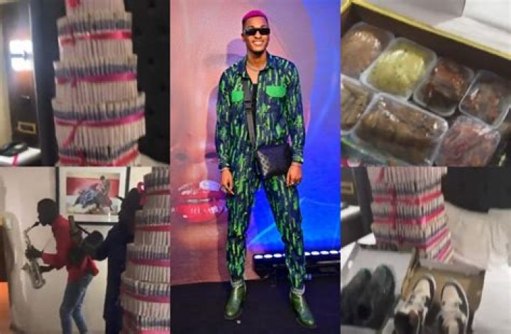 
BBNaija Season 7: Fans Gift Groovy Huge Money Cake, Tray Of Foods, Sneakers And More 