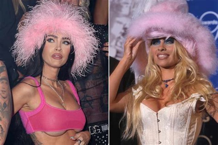 
Megan Fox Channels Pamela Anderson in a Feathery Pink Bucket Hat and Barely There Bra Top 