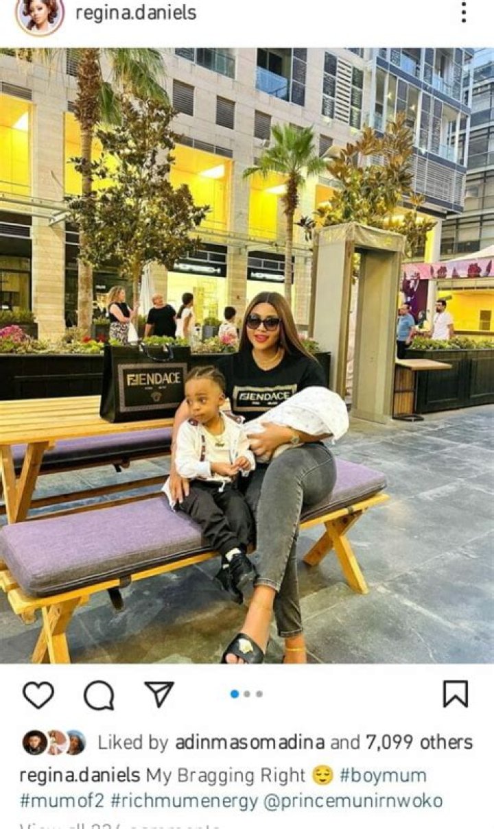 
“Rich mum energy” Regina Daniels brags as she shows off her sons 